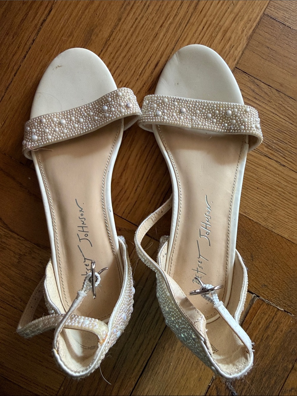 Betsey Johnson Pearl-Embellished Ivory Open-Toe Sandals